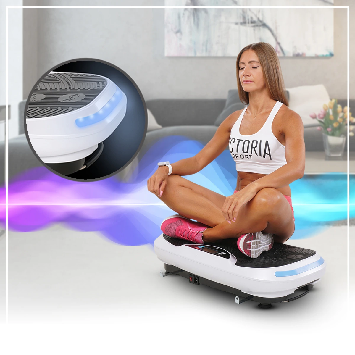 Integrierte Lautsprecher und Bluetooth Frau sitzt auf dem Vibrationsboard, Bluetooth-Schnittstelle spielt Musik vom Handy ab